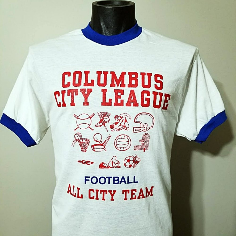 NOS Vintage 80s Columbus City League Ringer Tee XL T Shirt